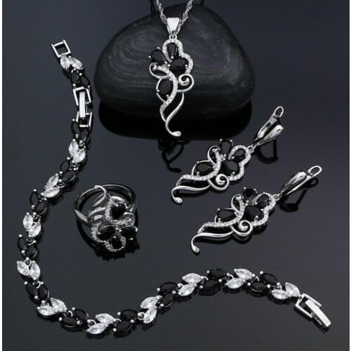 Punk Jewelry Sets For Women Black Stones White Crystal 925 Sterling Silver Earrings/Ring/Bracelet/Necklace/Pendant Set