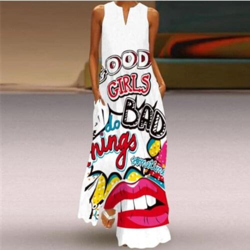 S-5XL Large Size Women Mouth Print Long Dress 2021Summer Vintage Sleeveless Elegant Dress Vestidos Girls Casual Maxi Dress