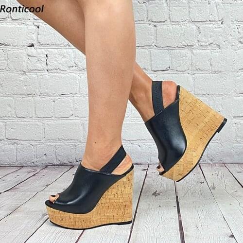 Ronticool Hot Handmade Women Sandals Unisex Back Elastic Band Wedges Heels Open Toe High Quality Black Party Shoes US Size 5-20