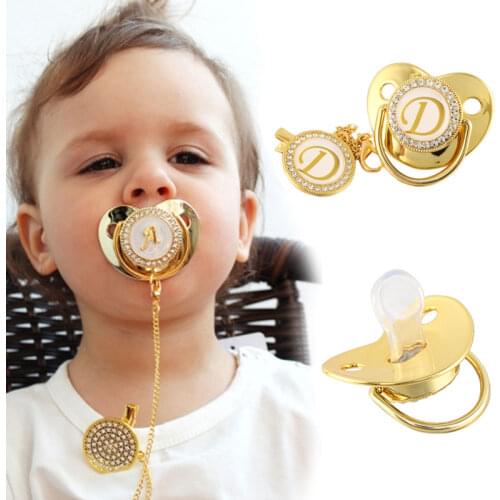 Name Initial Letter Baby Pacifier and Pacifier Clips BPA Free Silicone Infant Nipple Gold Bling Newborn Dummy Soother