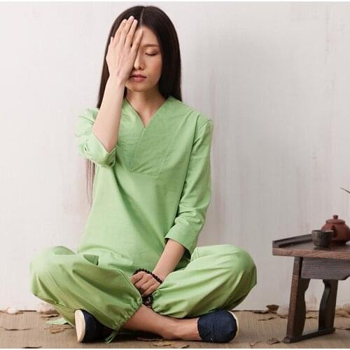 Chinese Traditional Yoga Set Women Kung Fu Uniform Linen Shirt Top Pants Tai Chi Asian Clothes Female Fitness Clothes Suits