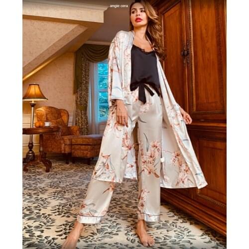 Spring Women Ice Silk Pajamas Sets with Pants Satin Print Pyjama Female Sexy Spaghetti Strap Pijama 3 Pieces Home Wear