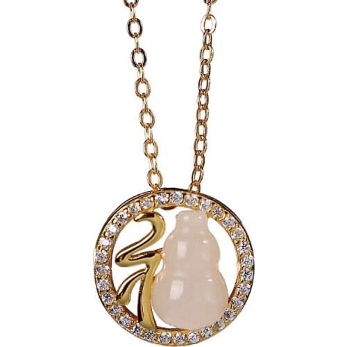 S925 sterling silver gold plated Hetian jade set chain retro personality Fu Lu gourd ladies clavicle chain pendant