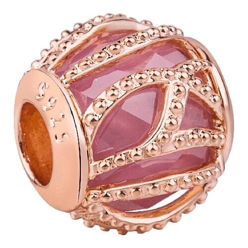 Genuine 925 Sterling Silver Bead Rose Pink Intertwining Radiance Charm Fit Pan Bracelet & Necklace Women DIY Jewelry