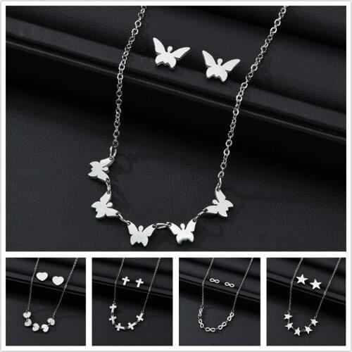 Cross Star Heart Butterfly Pendant Necklace Set Female Shiny Clavicle Chain Fashion Earrings New Design Jewelry Sets Party Gift