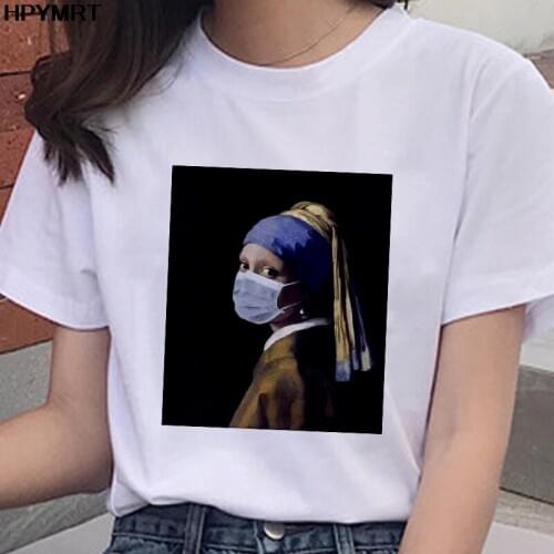 New T Shirts Women spoof Girl wearing pearl earrings wearing mask Printed Tshirt aesthetics funny Tops t-shirt Female Clothing