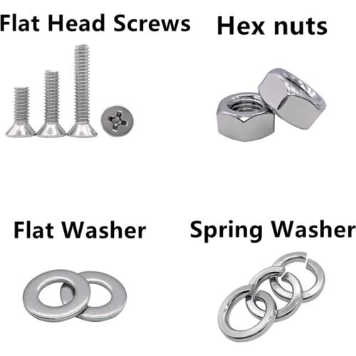 4#-40UNC A2 Stainless Steel Phillips Flat Head Machine Screws + Hex Nut + Flat / Spring Washer