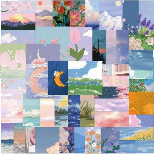 56PCS Romantic Landscape Oil Painting Stickers Sun & Moon Pretty Scenery Decal Sticker For Girl DIY Laptop Suitcase Notebook