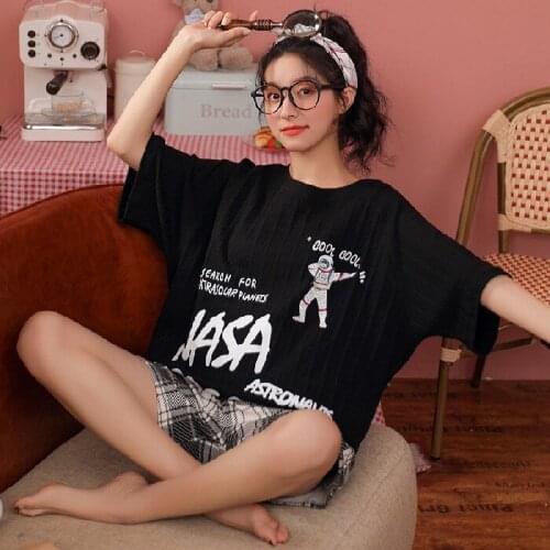 Black Casual 2PCS Cotton Pajamas Suit Women Loose Sleepwear 3/4 Sleeve T-shirt&Plaid Shorts Nightwear Casual Print Home Clothes