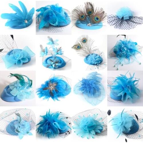 Women Party Derby Sky Blue Handamde Feather Fascinators Pillbox Hat Hair Clip Veil Lace Crystal Flower Accessory