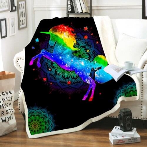 Bohemia Fashion Colorful Unicorn Leaf 3D Print Throw Fleece Blanket For Beds Bedspread Home Textiles Luxury Warm Soft Fantasy