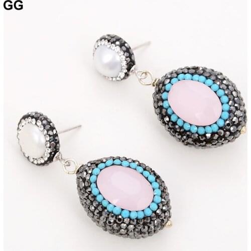 GuaiGuai Jewelry Natural White Pearl Pink Crystal Black Macarsite Silver Color Pearl Stud Earrings