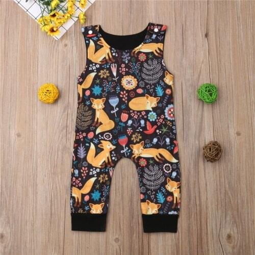 Summer Fox Print Childrens Clothing Baby One-Piece Sleeveless Hit Color Girl Romper Jumpsuit Kids Clothes