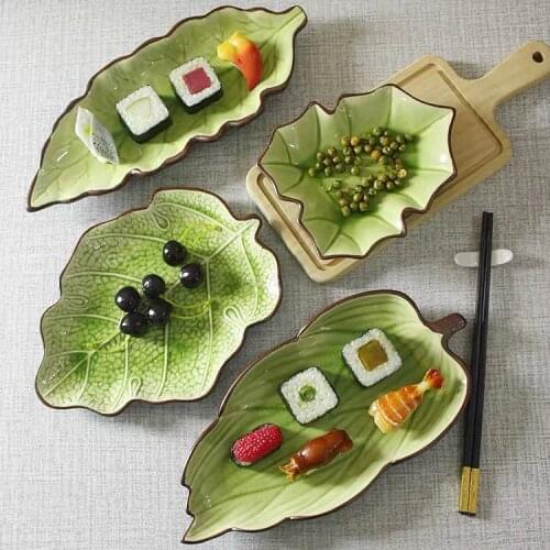 12.5 Inch Creative Ceramic Leaf Fruit Suhi Salad Plate Green Long Square Dish Lotus Dinning Room Large Practical Plate