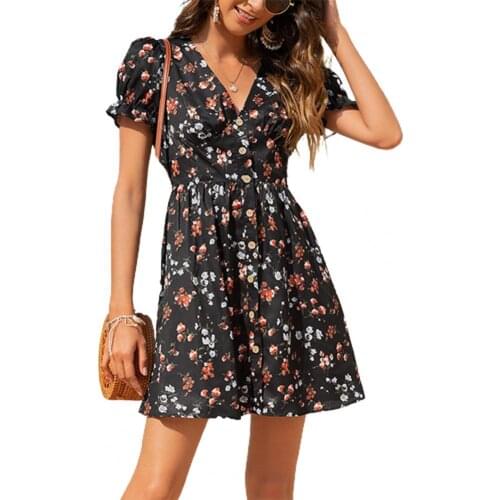 Summer Women Puff Sleeve Floral Mini Dress Casual Print Lacework Cuffs Short Sleeve Button Sweet Dresses Ladies Sexy Beach Dress