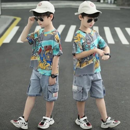Summer Boys Clothes Sets Cartoon t-shirts and denim shorts Suit 2pcs Casual Cotton Cartoon tshirt jeans children clothing set
