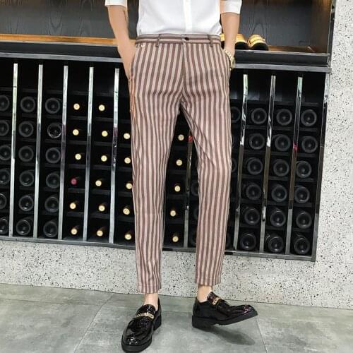 M-5XL Plus Size Mens Dress Pants Skinny Fit Streetwear Formal Slim Trousers Ankle Length Classic Striped Asian Mens Pants 4XL