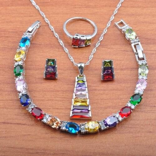 Simple Style Charm Women Wedding Costume Silver Color 4PCS Jewelry Sets Colorful Zircon Stud Earrings /Bracelet Ring JS566