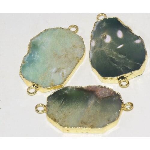 Natural Green Raw Chrysoprase stone connector jewelry making women 2021 Big LargeGold Plating Bezel Slice Green rough gem stones