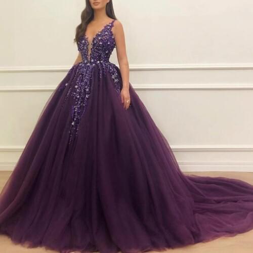 SuperKimJo Deep V Neck Luxury Prom Dresses 2020 Beaded Crystals Purple Lace Applique Modest Prom Gown Vestido De Festa Longo