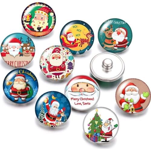DB0580 Christmas Santa Claus 18mm snap buttons 10pcs mixed round photo glass cabochon style for snap button jewelry Gift