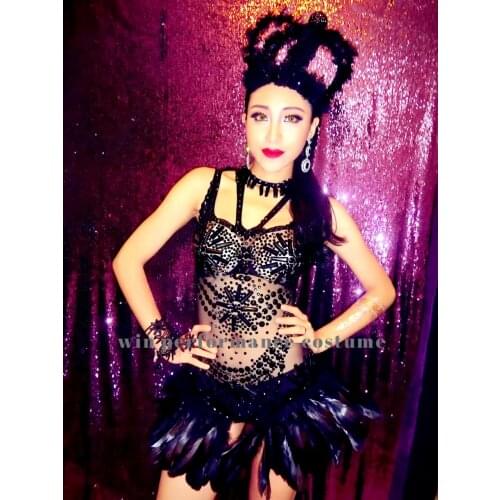 Sexy gogo Bar Leading Dance Team Costume Sequin Embroidery Bikini Rhinestones feather Mesh Set Performance Stage Outfit 1040