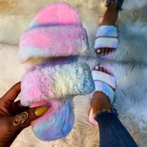 Faux Fur Warm House Slippers Women 2020 New Fashion Womens Slippers Winter New Hedging Rhinestone Flat Home Slippers 35-43