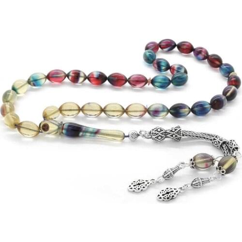 Tesbihane 925 Sterling Silver Double Tassels Barley Cut Bonibon Fire Amber Prayer Beads