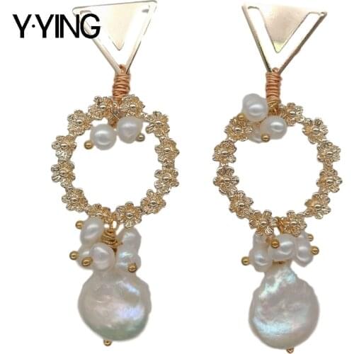 Y·YING Freshwater White Coin Pearl gold color plated flower Stud Earrings romantic for women