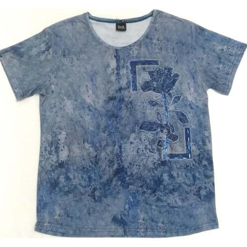 Ş-DG-406 Women Blue Stone Ridge and Fronting Rose Pattern Short Sleeve T-Shirt 432539379
