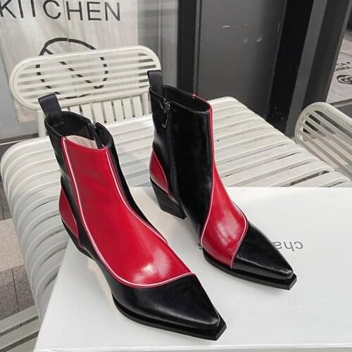Womens Pointy Toe Genuine Leather Ankle Boots Match Colors Chelsea Western Cowboy Chunky Heel Shoes Punk Plus Size New 2020