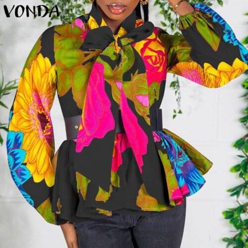 Women Printed Shirts 2021 VONDA Vintage Long Sleeve Lace-up Tunic Tops Sexy Floral Print Blouse Shirts Blusas Feminina Oversized