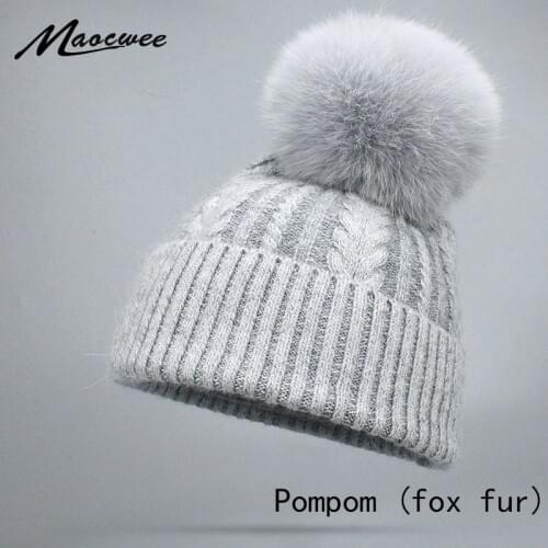 Women Winter Knitted Beanies Hats Natural Raccoon Fur Pompom Rabbit Wool Crochet Soft Elasticity Warm Female Fox Fur Pompom Hats