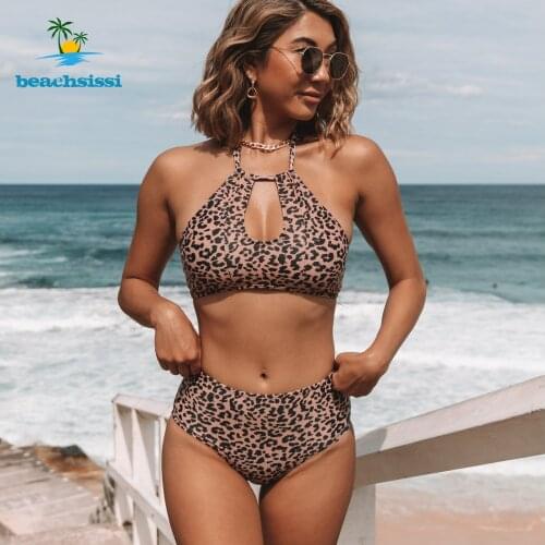 Beachsissi Womens 2021 Summer Leopard Bikini Set 2 Piece Cutout Front Sexy Swimwear Halter STyler Simming Bathing Suit