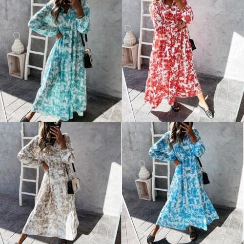 Women Elegant Ruffles Maxi Dress Autumn Casual Loose Long Sleeve Printed Party Vestido Overized Stand Collar Ladies Long Dresses