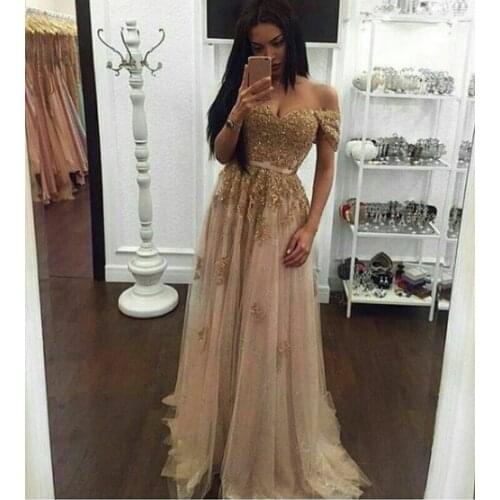 Gold Prom Long 2018 veren Sweetheart Off the shoulder Evening Gown Lace Party mother of the bride Dress