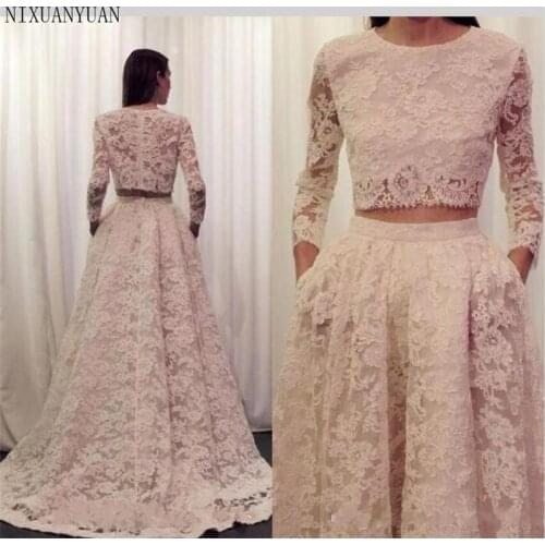Vestidos De Novia 2021 Vintage Two 2 Piece Lace Arabic Wedding Dress with Pocket Long Sleeve Scoop Zipper Back Wedding Gown