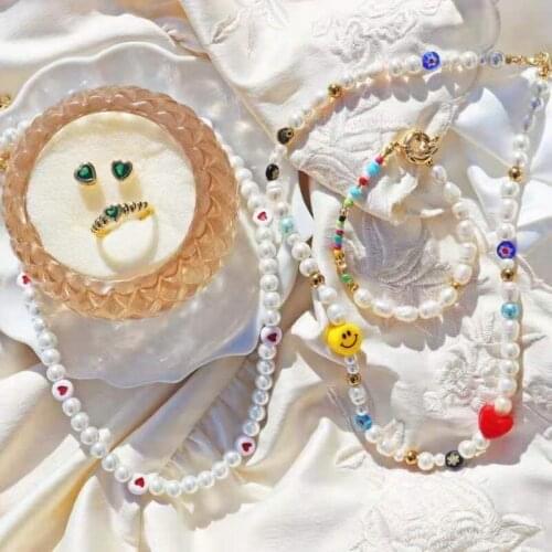 2021 New Vintage Irregular Pearl Acrylic Love Heart Smile Face Dice Boho Beaded Clavicle Necklaces for Women Girls Party Jewelry