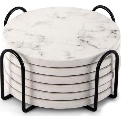 Absorbent Coasters for Drinks Coasters Set with Holder, Set of 6, for Kinds of Mugs Marble Style Coasters, 4 Inch