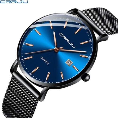 CRRJU New Fashion Mens Watches Top Brand Luxury Quartz Watch Men Mesh Steel Waterproof Ultra-thin Wristwatch For Men Sport Clock