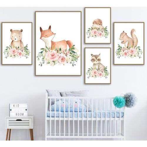 Flowers Bear Raccoon Rabbit Squirrel hedgehog Nordic Posters And Prints Wall Art Canvas Painting Wall Pictures Kids Room Decor