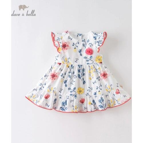 DBA12555 dave bella summer baby girls cute floral print appliques dress children fashion party dress kids infant lolita clothes
