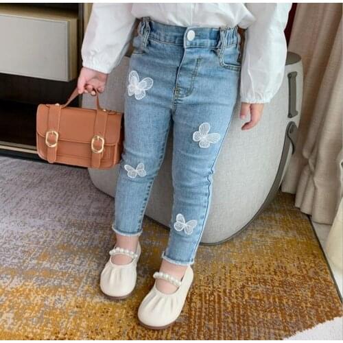Jeans For 2 3 4 5 6 7Years Toddlers Girls Butterfly Denim Trousers 2021 New Spring Summer Skinny Wiast Pants