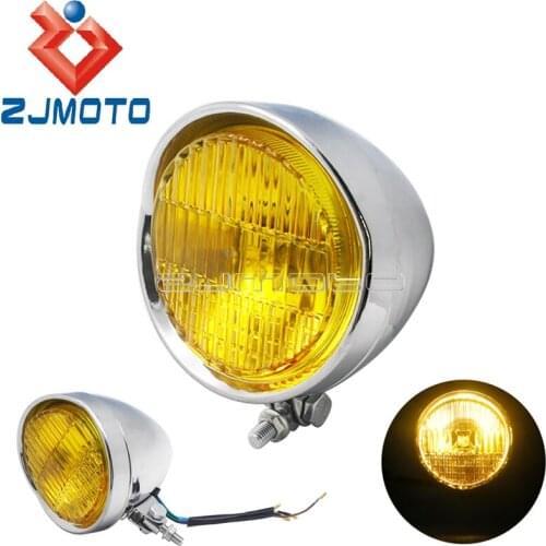 Chrome Old School Motorcycle 12V Amber Headlight Assembly Universal For Harley Honda Kawasaki Chopper Bobber Cafe Racer Touring