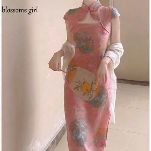 Cheongsam Qipao Chinese Dress Classical Pink Sexy Hollow Summer Improved Elegant Retro Evening Dress Women Dress 2021