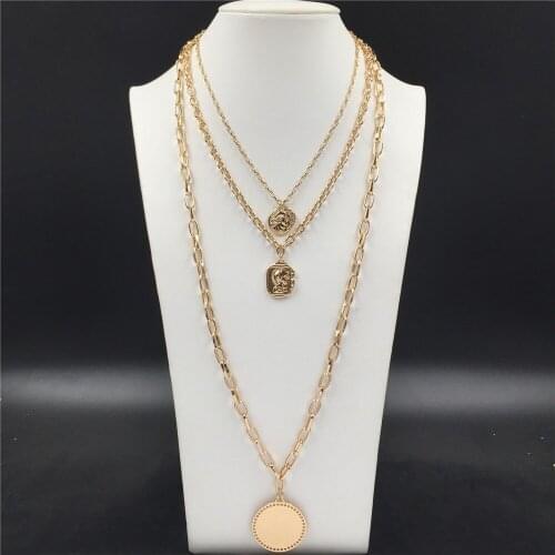 Trendy Gold Color Plating Round Square Big Circle Pendant Layered Necklace For Women Girl Long Boho Sweater Decoration Jewelry