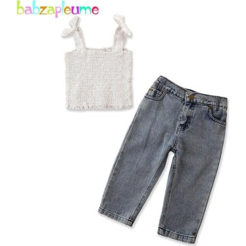 Two Piece Clothing Set 2020 Summer Children Clothes Fashion White Sleeveless Kids T-shirt+Jeans For Baby Girls Fall Outfits 1928