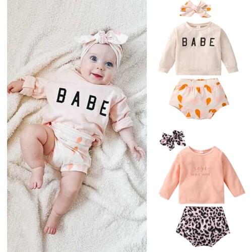 Lovely Autumn Infant Baby Girls Clothes Sets 0-24M Letter Print Long Sleeve Pullover Sweatshirts+Leopard Shorts+Headband Outfits