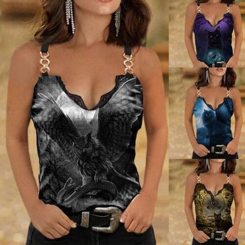Summmer Sexy Vest T Shirt for Women Lace Off Shoulder Vintage 3D Cartoon Cat Print Sleeveless T-shirt Women Bodycon Tank Top