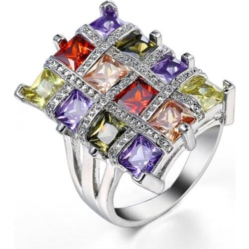 Fashion Luxury Rainbow Square Cubic Zirconia Ring Engagement Ring Colorful Finger Rings For Women Size 6 7 8 9 10